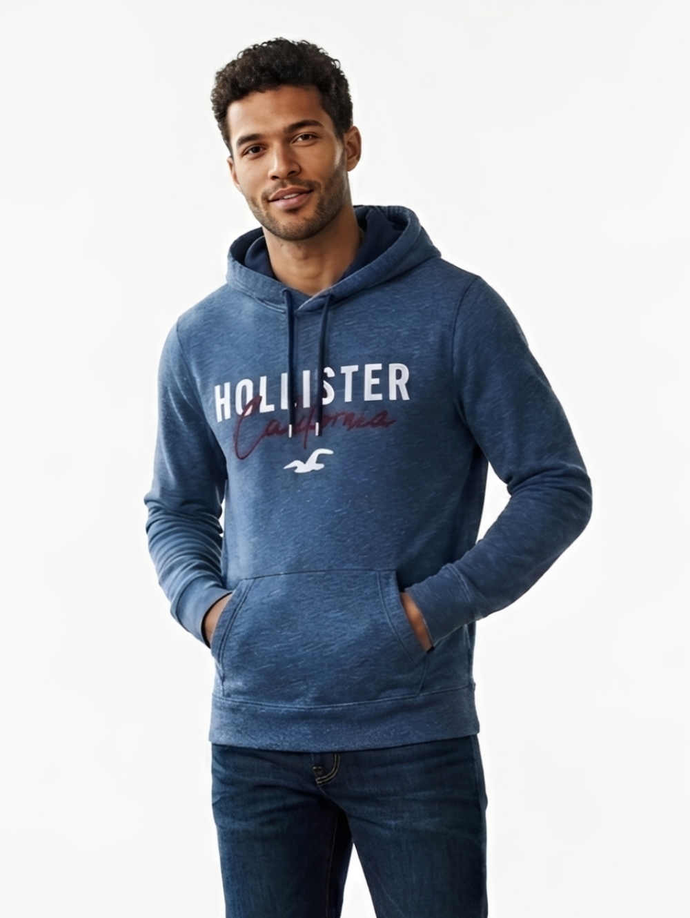 Hollister Men's Hoodie Blue Heather Logo Graphic Pullover Sweatshirt Small